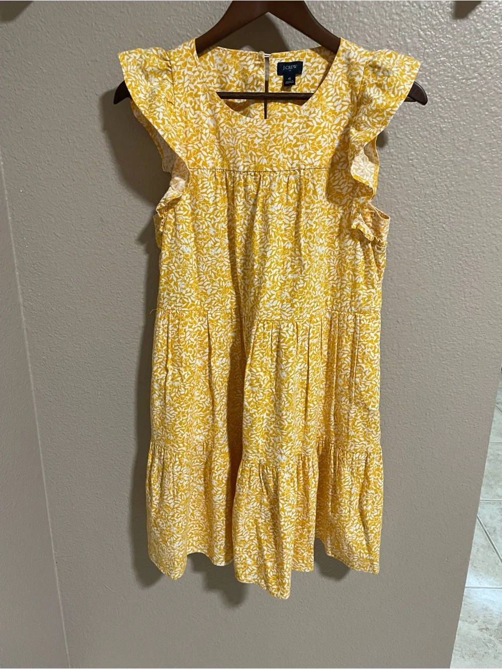 J. Crew Yellow and White Floral Ruffle Sleeve Linen Blend Dress